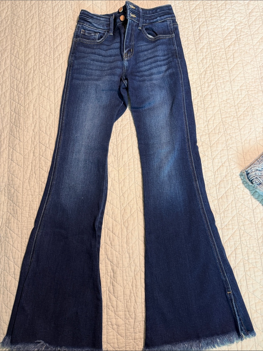 KanCan Dark Indigo Flared Jeans with Frayed Hem